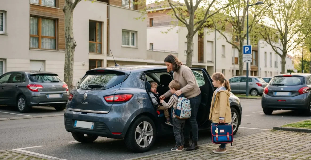 Mère de famille chargeant ses enfants dans un véhicule compact dans un environnement résidentiel moderne