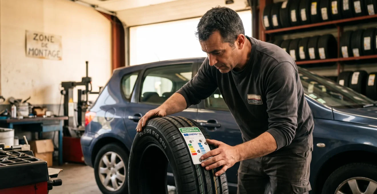 Technicien professionnel examinant l'étiquetage énergétique européen d'un pneu dans un garage moderne