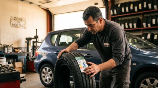 Technicien professionnel examinant l'étiquetage énergétique européen d'un pneu dans un garage moderne