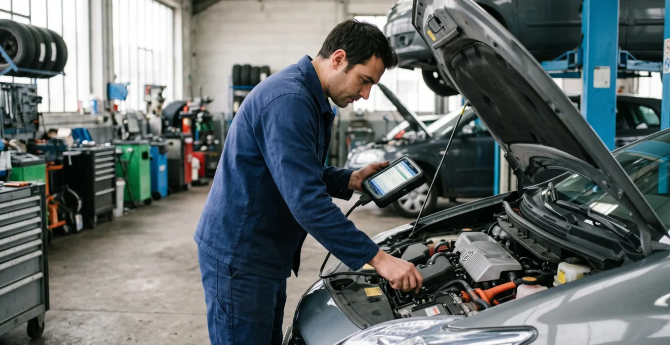 Un mécanicien branche un outil de diagnostic sur le moteur d'une voiture hybride dans un atelier multimarque.