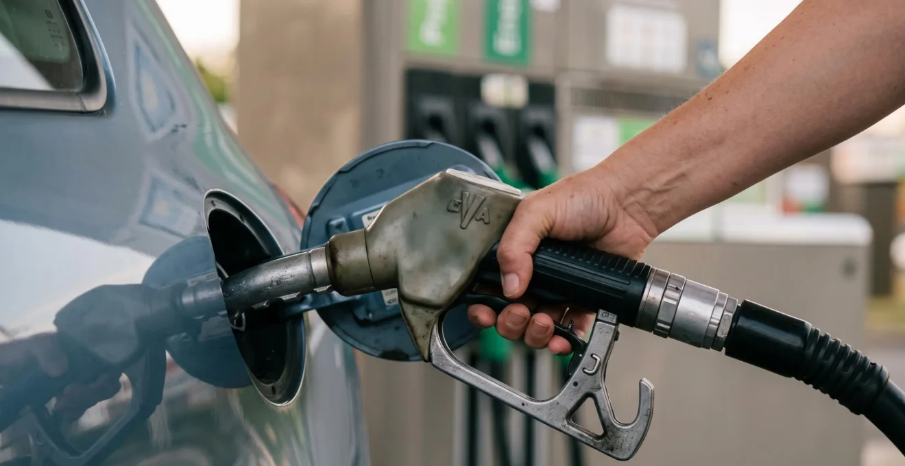 Un automobiliste insère une pompe à carburant dans le réservoir d'une voiture essence à une station-service.